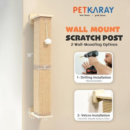 PETKARAY Wall Mounted Cat Scratcher, 30" Large Sisal Cat Scratcher for Wall, Square Sisal Cat Scratching Post with Toy Ball - Image 5