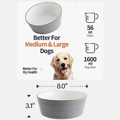 Grey White Dog Bowl Ceramic for Medium Large Breed, Heavy Weighted Dog Food Water Feeder Dish, 8 in Non - Slip Modern Cute Extra Big Porcelain Pet Bowl Maze Wide Mouth - Image 4