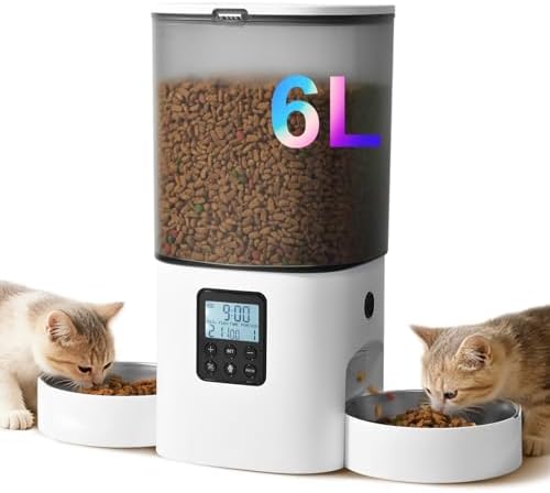 Automatic Cat Feeder, 6L Cat Food Dispenser with 10s Voice Recorder, Pet Feeder up to 8 Meals per Day, Timed Feeder with Dry Food Sealed Ring (White-D-Basic) by ANDOLLHOME