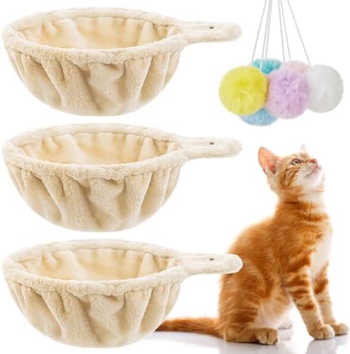 Dansydaisy 3 Pack 14.6" Large Cat Tree Hammock Basket Bed Lounger Tower Replacement Parts with 6 Pcs Hanging Elastic Strings Pom Pom Toys, Cat Tree Accessories Hammock Attachment (Beige) by Dansydaisy