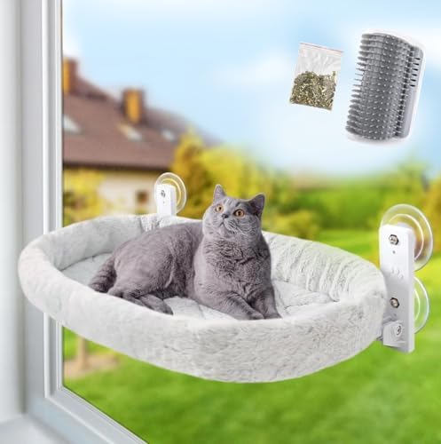 Sinai Pet Shop Cat Window Perch – Cordless Foldable Hammock with Cushion Bed, Self-Groomer with Catnip Included, Durable Metal Frame with Strong Suction Cups, Space-Saving for Large Indoor Cats by Sinai