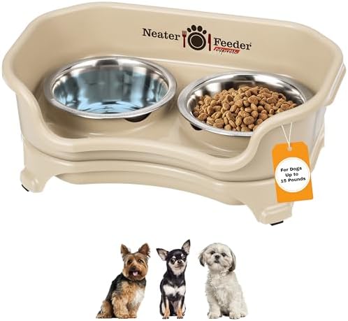 Neater Feeder Express Mess Proof Dog Bowls Elevated for Small Breeds Under 15 Lb, Made in USA, No Spill Raised Dog Food Bowl Stand, Stainless Steel Food and Water Bowl Set, Feeding Station, Almond by NeaterPets