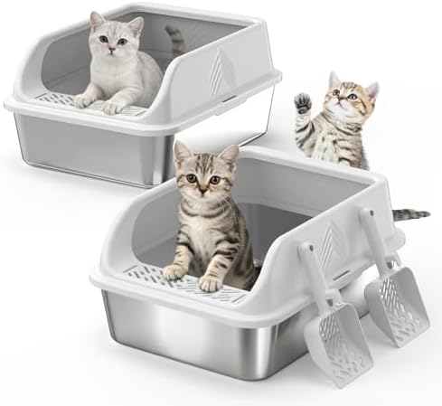 2 Pack Stainless Steel Litter Box with Lid, Kitten Metal Cat Litter Boxes High Sided Enclosed for Small Cat and Injured Cats Rabbit, Anti-Urine Leakage | Non-Stick Bottom & Includes Scoop by AKAOLA