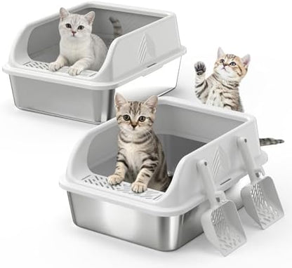 2 Pack Stainless Steel Litter Box with Lid, Kitten Metal Cat Litter Boxes High Sided Enclosed for Small Cat and Injured Cats Rabbit, Anti-Urine Leakage | Non-Stick Bottom & Includes Scoop by AKAOLA