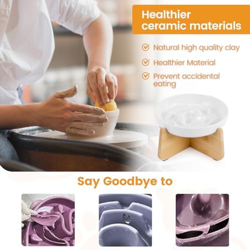 PETTOM Slow Feeder Cat Bowl with Stand, Ceramic Slow Eating Cat Bowl with Higher Edges Fish Pool Design Elevated Food Bowls for Dry and Wet Food Anti-Vomiting Puzzle Feeder for Healthy Eating Diet - Image 5