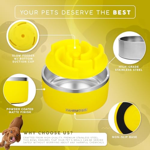 FAHRMOSIS 64 OZ Dog Bowl with Slow Feeder Insert Stainless Steel Pet Water Bowl for Medium & Large Breed Non Slip Rubber Base & Plastic Puzzle Feeder - Yellow - Image 2