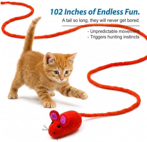 Glaciart One Felt Mouse Cat Toy – Soft Fuzzy Enrichment 100% Natural Wool - Interactive Catnip Play Cat Toy Set - Safe for Pets, Non-AZO Colored Dyes - 100” Long - Image 2