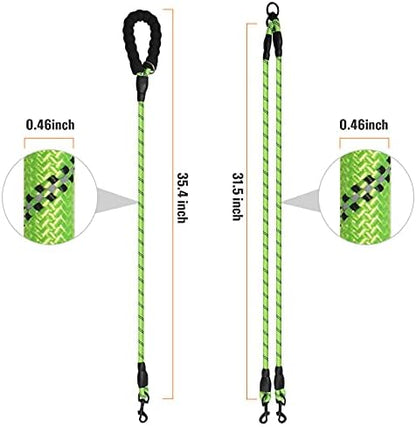 Double Dog Leash Reflective Detachable Coupler &360° Swivel Tangle Free, Heavy Duty Rope Leash Control with Padded Handle for Dual Large Medium Dogs Walking Running Training (Ligth Green) - Image 2