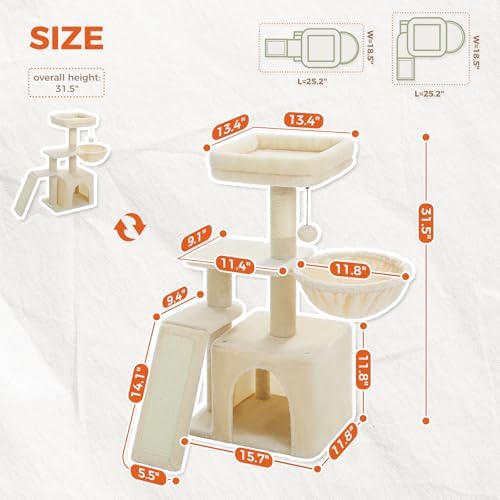 PETEPELA Cactus Cat Tree for Kittens & Small Cats, 32in Cat Tower, Beige - Image 4