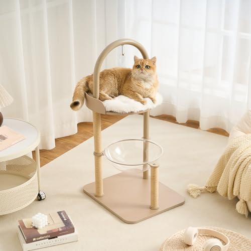 34" Modern Cat Tree Furniture for Indoor Small & Medium Cats, Minimalist Cat Tower with Scratching Posts, Wood Platforms, Capsule Perch, Stable Steel Frame & Washable Cushion, Cream Beige by Kicari
