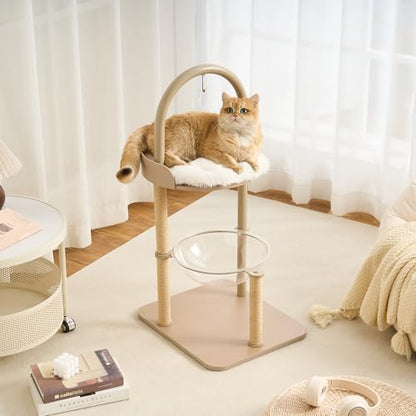 34" Modern Cat Tree Furniture for Indoor Small & Medium Cats, Minimalist Cat Tower with Scratching Posts, Wood Platforms, Capsule Perch, Stable Steel Frame & Washable Cushion, Cream Beige by Kicari