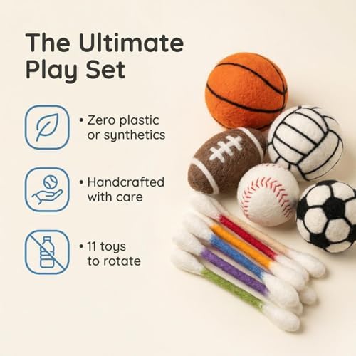 Glaciart One Cat Qtip Toy Set, 5 Pcs Wool Felt Cat Sport Balls (1.5 Inch) & 6 Pcs Cotton Swab Cat Toys, Natural Wool Cat Toys for Indoor Cats - Image 6