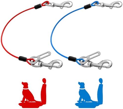 Dog Seat Belt Harness for Car,2pcs Dog Seatbelt of Coated Wire Leash Safety Restraint,No Chew Tether Cable Vehicle Dogs Accessories,Double Clips & Latch (2 Pack Red+Blue, 32 inch/80 CM) by MiMetty