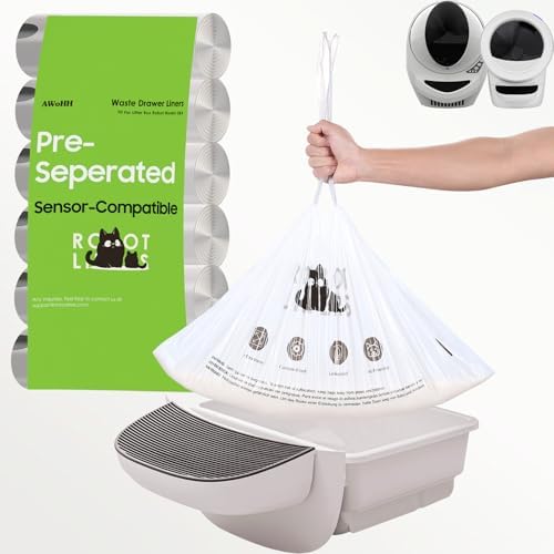 119 Pack Set Automatic Litter Box Bags Fit for Litter Box Robot 5/4/3, Heavy Duty Drawstring Waste Bags, Sensor-Compatible, Tear Resistant, Pop-Up Dispenser, White, 119 Liners + 5 Cat Toys by Unknown