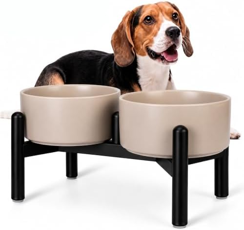 Raised Ceramic Dog Bowl Set with Stand, 3.5 Cups Elevated Dog Food Stand by PTOBER