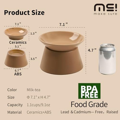 MS!MAKE SURE Cat Food Bowls Elevated - Ceramic Cat Water Bowls Whisker Friendly with Stand Tilted Non Slip Flat Detachable Anti Vomiting for Indoor Cats Milk Tea - Image 2