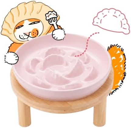 Slow Feeder Cat Bowls with Bamboo Stand, Ceramic Elevated Pet Food Plates for Cats and Small Dogs, Raised Non-Slip Feeder (Pink/6.3") by Tafelf