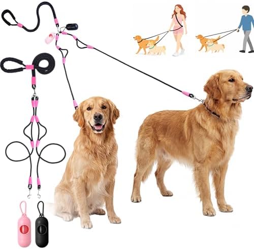Thinkday Double Dog Leash for 2 Dogs, 5.9 ft No Tangle Dual Dog Leash with 2 Waste Bags, Hands Free Adjustable Crossbody Rope with Padded Handles, No Pull Lead for Small Medium Large Breeds by Thinkday