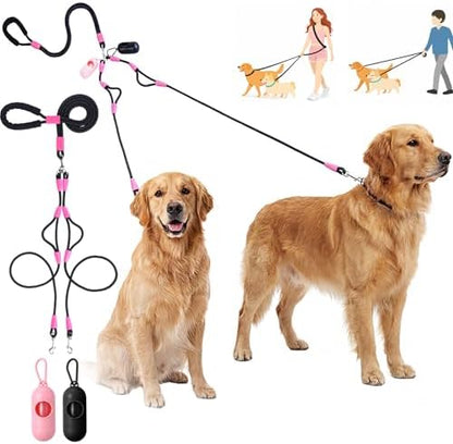 Thinkday Double Dog Leash for 2 Dogs, 5.9 ft No Tangle Dual Dog Leash with 2 Waste Bags, Hands Free Adjustable Crossbody Rope with Padded Handles, No Pull Lead for Small Medium Large Breeds by Thinkday