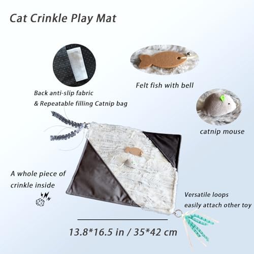 Cat Crinkle Mat with Mouse Toy,14x16" Interactive Cats Play Mat with Catnip - Image 4