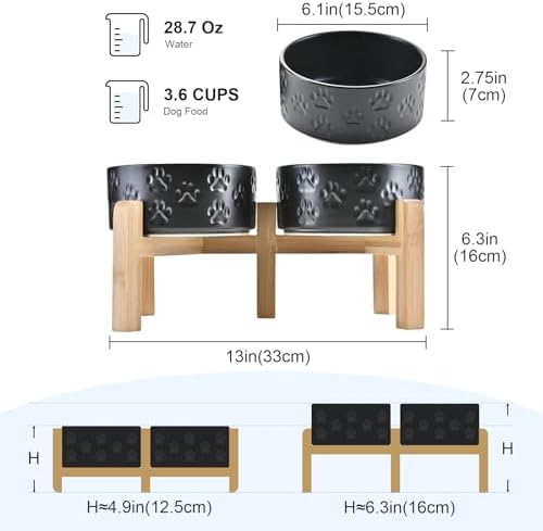 SPUNKYJUNKY Elevated Dog Bowls Ceramic, 6.1'' Dogs and Cat Food Water Bowls Raised with Non-Slip Bamboo Stand for Medium Sized Breed Microwave Dishwasher Safe - 28.7 OZ,Paw Black - Image 2