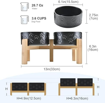 SPUNKYJUNKY Elevated Dog Bowls Ceramic, 6.1'' Dogs and Cat Food Water Bowls Raised with Non-Slip Bamboo Stand for Medium Sized Breed Microwave Dishwasher Safe - 28.7 OZ,Paw Black - Image 2