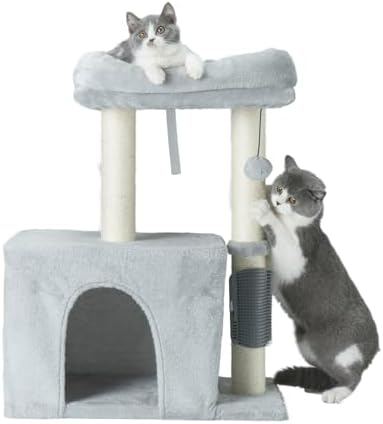 PEEKAB Small Cat Tree Tower,Scratching Post with Condo and Perch for Indoor Cats and Kittens,with Dangling Ball Massage Brush,Grey by PEEKAB