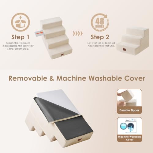 EHEYCIGA Dog Stairs 13.5" H, 3-Step Extra Wide Dog Steps, Beige - Image 6