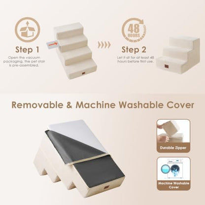 EHEYCIGA Dog Stairs 13.5" H, 3-Step Extra Wide Dog Steps, Beige - Image 6