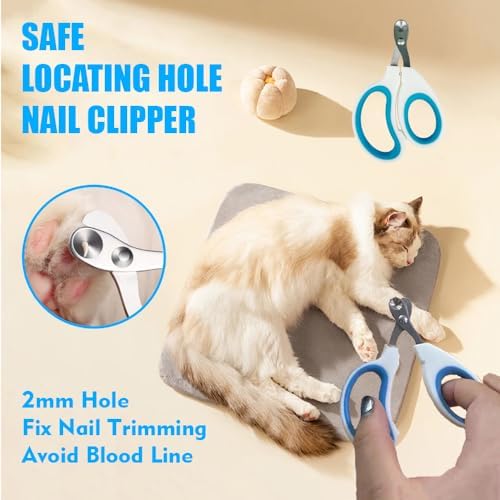 Grooming Brush Kit - 5pcs for Shedding & Matted Fur, Self-Cleaning with Flea Comb for Indoor Long-Haired Cats, Blue - Image 5