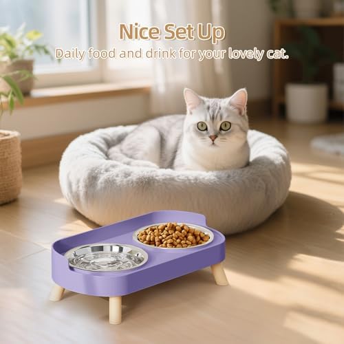 Elevated Cat Bowl, Raised Cat Food and Water Bowl Set for Indoor Cats, Splash Proof with 2 Stainless Steel Pet Food Bowls for Cats and Puppies, Whisker Fatigue and Dishwasher Safe - Purple - Image 6