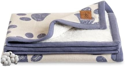 Small Pet Blanket - 100% Organic Cotton, Double Layer Plush Sherpa, Soft Plush, Blue Paw Jacquard Knit, 30"x40", Small Dog Blanket, Ideal Cat Blanket - Soft and Warm by LittleDedi