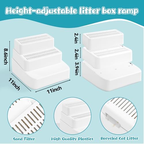 BALAPET Adjustable 3 Steps Litter Box Ramp with Filter Function, Detachable Litter Trapper, Non-Slip Cat Litter Stair for Small & Elderly Cats(White) - Image 2