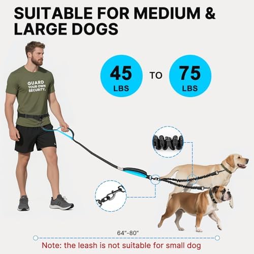 Hands Free Double Dog Leash Tangle Free, Lumbar Support Dual Leash for Medium Large 2 Dogs With Bungee, Waist Bag, Padded Handles,Reflective Stitching for Dog Walking, Jogging, Hiking, Training - Image 5