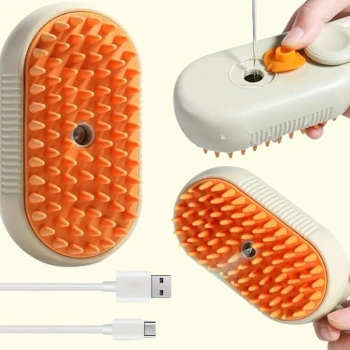 3-in-1 Steam Pet Brush for Cats & Dogs – Self-Cleaning Grooming Comb with Spray Mist, Massage & Shedding, Rechargeable USB, Anti-Static, Foldable Handle – Kakhi - Image 2