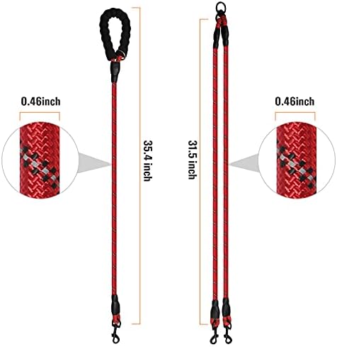 Double Dog Leash Reflective Detachable Coupler &360° Swivel Tangle Free, Heavy Duty Rope Leash Control with Padded Handle for Dual Large Medium Dogs Walking Running Training (Red) - Image 2
