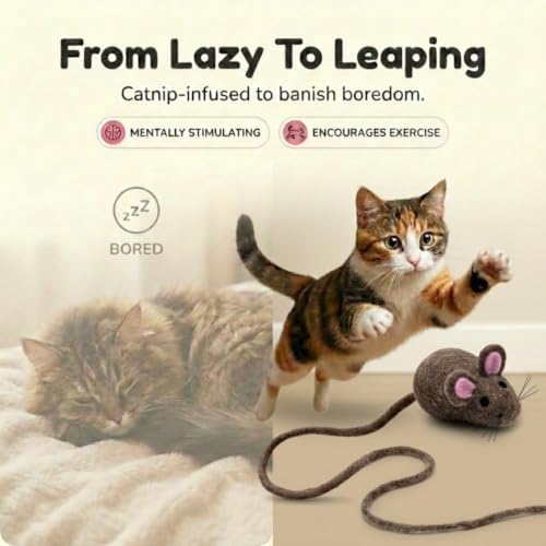 Glaciart One XXL Felt Mouse Cat Toy – 6” Body + 98” Tail – Large Cat Enrichment Toy – 100% Natural Wool with Catnip – Interactive Teaser for Big Cats – Safe Non-AZO Dyes - Image 6