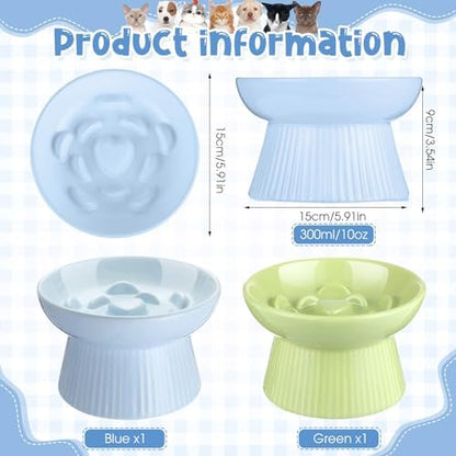 Tioncy 2 Pcs Ceramic Elevated Slow Feeder Cat Bowl, Green, Blue - Image 2