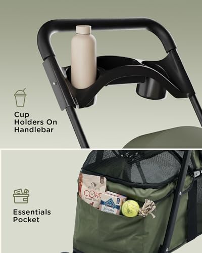 GTPLAYER Foldable Pet Stroller for Small Dogs and Cats, Hold Up to 33 lb, 4-Wheel Stroller with 2 Safety Tethers, Breathable Mesh, Lockable Front Wheels, Cup Holder/Tray & Storage Pocket, Forest Green - Image 6