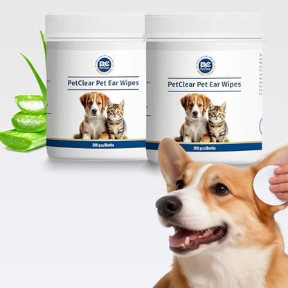 Dog Ear Wipes, 200 Pcs, Remove Earwax, Secretions, Dirt, Debris, Odors, Relieve Ear Itching, Shaking, Scratching, Contains Soothing Aloe Vera, Non Irritating, Suitable For Cats And Dogs (2 Count) by PETCLEAR