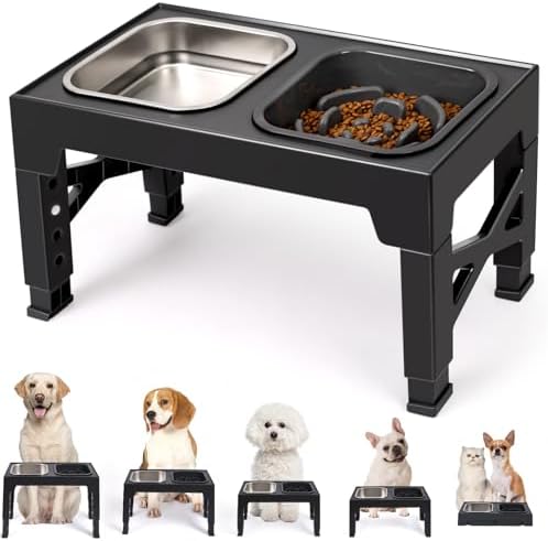 Niubya Elevated Dog Bowls, with Slow Feeder Bowl and Stainless Steel Dog Food Bowl, Raised Dog Bowls Adjusts to 5 Heights (3.15", 8.66", 9.84",11.02", 12.2") for Small Medium and Large Dogs by Niubya