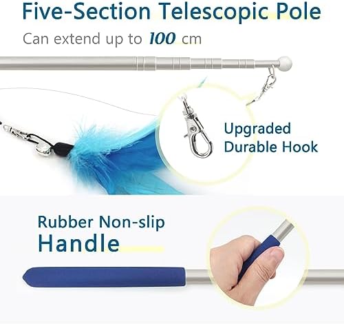 SONGWAY Cat Feather Toys Wand - 7 Pcs Interactive Cat Toys for Indoor Cat Kitten, Retractable Cat Wand Toy with 6 Feather Teaser Refills with Bell, Cat Fishing Pole Toy, Blue - Image 5
