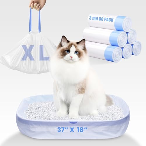 60 Pack Jumbo Cat Litter Bags - 3MIL Extra Thick Leakproof Litter Box Liners, 37"x18" Heavy Duty Drawstring Cat Litter Liners for Automatic Litter Box, Odor Control Disposable Kitty Litter Bags 6 Roll by Fronip