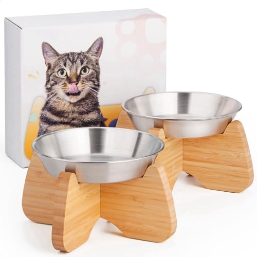Raised Stainless Steel Cat Bowl with Bamboo Stand (2 Pcak) by GUWINA