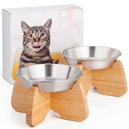 Raised Stainless Steel Cat Bowl with Bamboo Stand (2 Pcak) by GUWINA