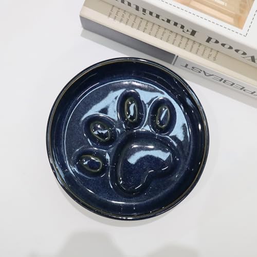 Ceramic Slow Feeder Bowl, 6.69 x 5.7 inches, Elevated Design with Paw Pattern, for Cats and Small Dogs (Dark Blue) - Image 5