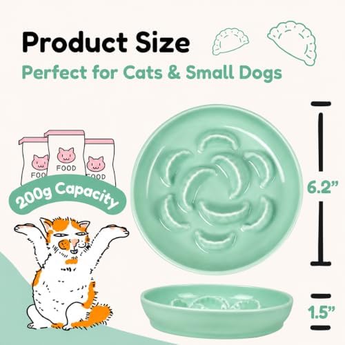 Ceramic Cat Slow Feeder Bowl - 6.2'' Whisker Friendly Cat Plate for Dry and Wet Food - Heavy Puzzle Feeding Bowl for Slow Eating - Helps Reduce Vomiting - Microwave & Dishwasher Safe -Non Slip - Green - Image 2