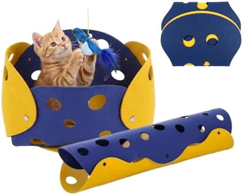 Felt Cat Tunnel and Bed Set, 2-in-1 DIY Foldable, Blue and Yellow, 5mm Thick, with Feather Bird Toy (Blue&Yellow, Large) by Unknown