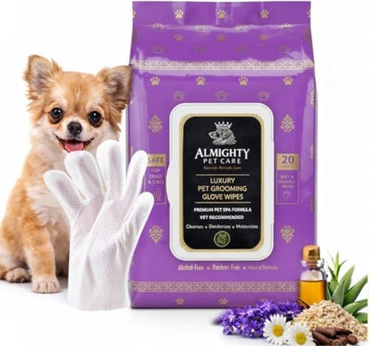 Premium Pet Grooming Glove Wipes for Dogs & Cats, 3X Thick No-Rinse Bathing Gloves, Hypoallergenic Deodorizing Paw & Body Cleaner, Grooms Hydrates & Nourishes, 20 Count, Lavender Scent - Image 5