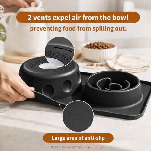 Slow Feeder Dog Bowl and Cat Water Bowl Set, 2 in 1 Pet Food and Water Bowl with Spill Proof Tray, Maze Puzzle Slow Eating Bowl for Cats and Dogs Black - Image 2